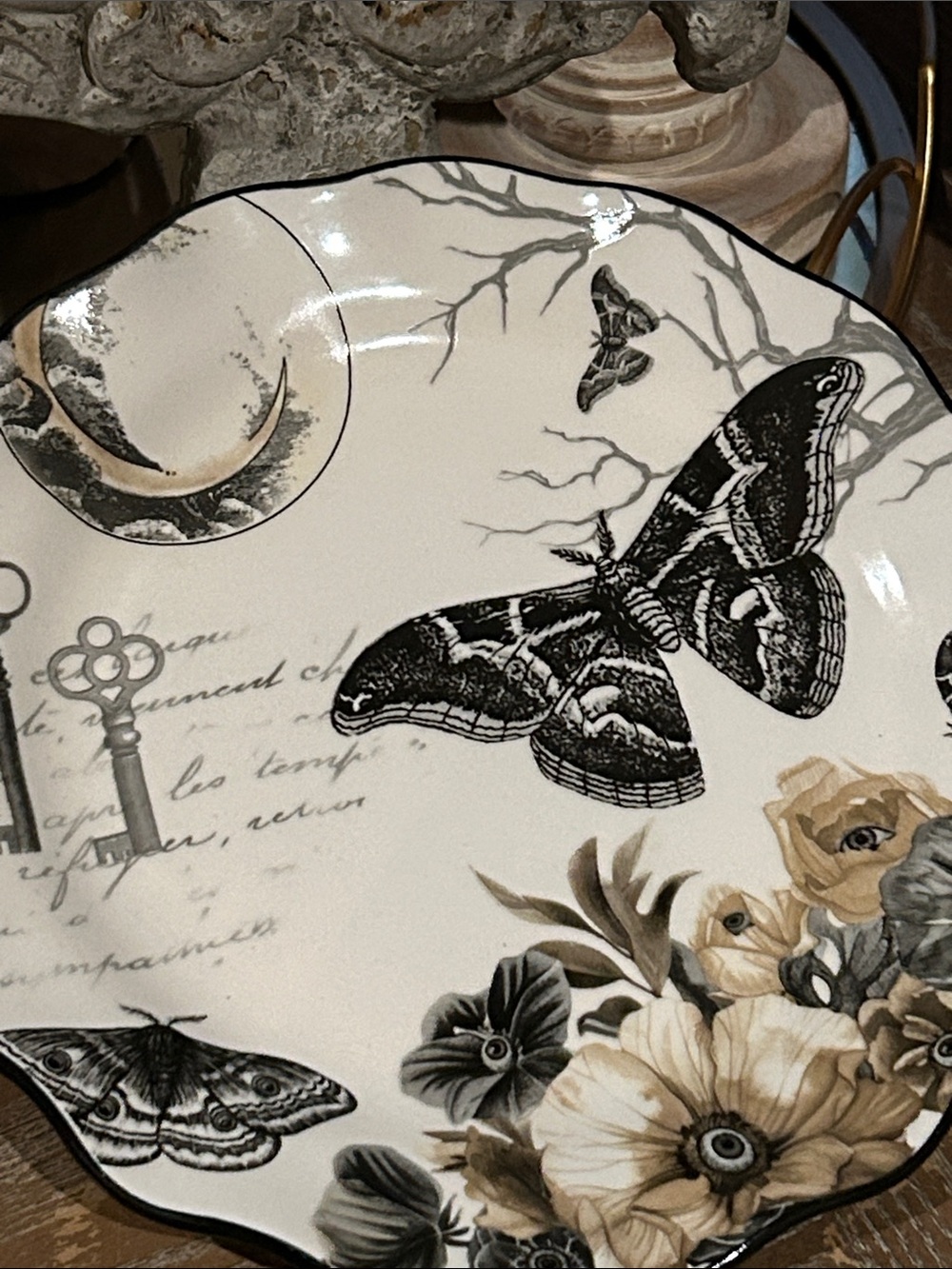 NEW! Gothic Black Butterfly Moth & Floral Toile Floral Ceramic Serving Plate - Picture 7 of 7